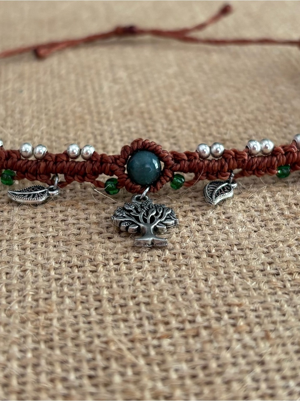 Boho Brown Macramé Bracelet with Green Bead & Silver Tree Charm. Foot bracelet